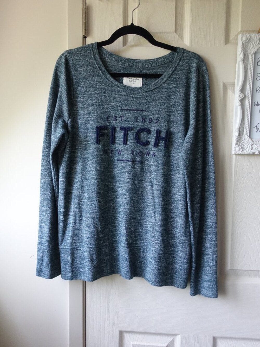 Abercrombie & Fitch Heathered Teal Scoop Neck Sweater with Navy Logo
